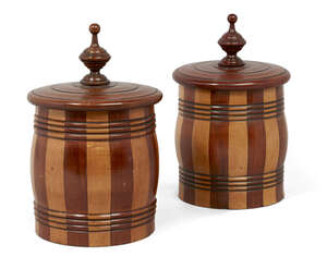 
	
		A pair of satinwood banded tobacco jars, 19th century, of stave construction, the lids...