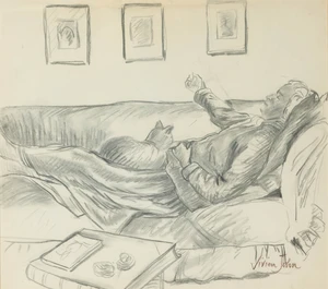 Vivien John,&nbsp;British 1915-1994 -&nbsp;Dorelia on a sofa with cat;&nbsp;charcoal on paper, signed lower...