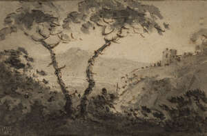 
	
		William Gilpin, 
		British 1724-1804-
		Mountainous landscape with woodland and a...