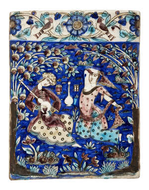 
	
		A Qajar moulded polychrome pottery tile, Iran, 19th century, moulded and painted in...