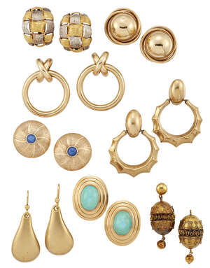 
	
		Eight pairs of earrings, including: a pair of ear studs designed as shields with star...