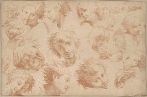 
	
		French School, 
		mid-18thcentury- 
		 
		Studies of heads; 
		 
		red chalk on laid...