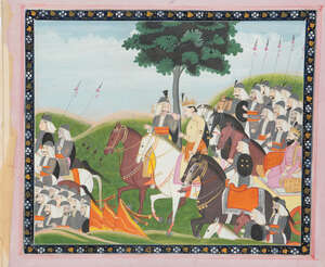 
	
		A Prince being advised by his military chief, Guler, India, circa 1850, opaque pigments...