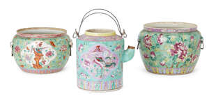 
	
		Two Chinese porcelain jars and a teapot, 19th century, each painted in famille rose...