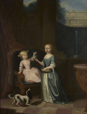 
	
		Gerhard Jan Palthe, 
		 
		Dutch 1681-1767- 
		 
		An interior with two girls and a...