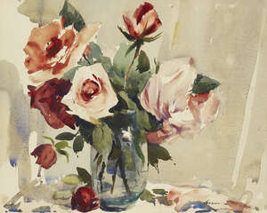 
	
		Edward Wesson RI RBA RSMA, 
		British 1910-1983 - 
		&nbsp;
		Roses in a glass vase;...