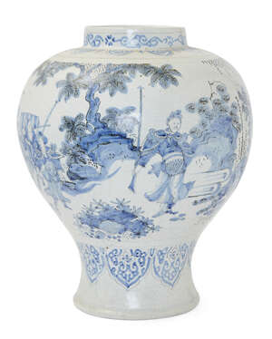 
	
		A Dutch Delft blue and white baluster vase, c.1700, painted with chinoiserie figures...