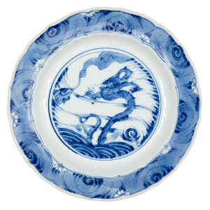 
	
		A Chinese porcelain 'dragon and carp' saucer dish, Kangxi period, painted to the central...