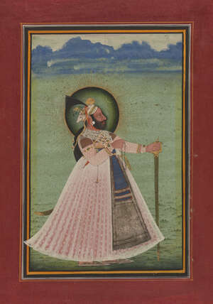 
	
		Portrait of nobleman holding a khanda, Mewar, Rajasthan, 19th century, opaque pigments on...