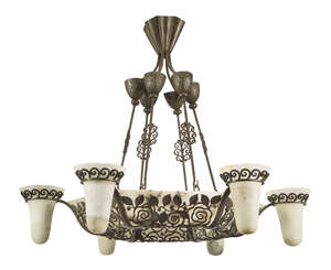 
	
		Edgar Brandt (1880-1960), an Art Deco wrought-iron and alabaster six branch...
