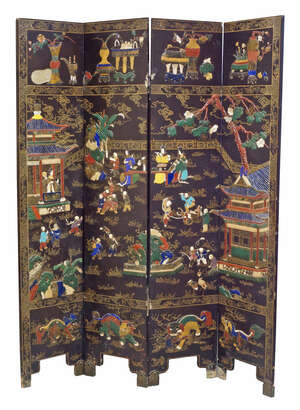 
	
		A Chinese lacquer and hardstone inlaid four-panel screen, early 20th century, inlaid with...