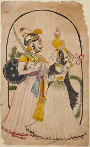 
	
		A romantic encounter, Jodhpur, early 19th century, watercolour and ink on paper,...