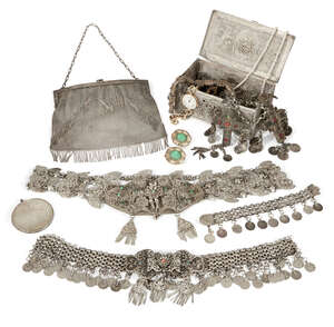 
	
		A white metal filigree jewellery box with hinged lid and applied flower decoration to lid...