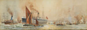 
	
		R Parkinson, 
		British, late 19th/early 20th century- 
		Busy shipping scene on the...