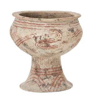 
	
		A Thai clay Ban Chiang-type stem bowl, early 20th century, with broad mouth, bulbous body...