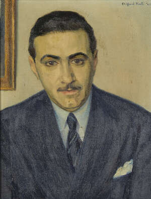 
	
		Clifford Hall RBA ROI, 
		British 1904-1973- 
		 
		Portrait of a man, quarter-length...