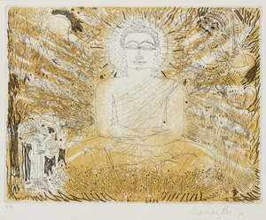
	
		Laxman Pai (b. 1926), Untitled, Buddha, 1959, etching and watercolour, 8/50, signed,...
