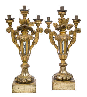 
	
		A pair of Italian giltwood three light candelabra, late 19th century, each with tapering...