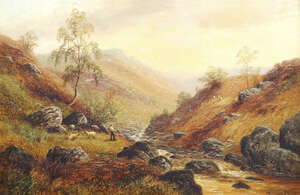 
	
		William Mellor, 
		British 1851-1931- 
		 
		Shepherd with sheep by a highland stream;...