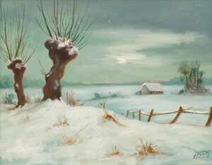 
	
		Leonardo Torfs, Belgian b.1927- Winter and moonlit landscapes; oil on board, three, ea....
