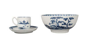 
	
		A Worcester blue and white porcelain  bowl, 18th century, painted with a Chinoiserie...