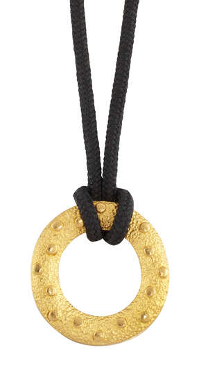 A pendant necklace, the circular textured loop pendant with raised circular disc detail, to a fabric cord, pendant and clasp signed Aura, pendant width 2.5cm