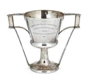 An Arts and Crafts-style silver trophy cup, London, c.1906, John William Page, designed to resemble the Mycenaean 'Cup of Nestor', the twin handles wit