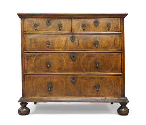 
	
		A William and Mary walnut chest, c.1700, the crossbanded rectangular top with quarter cut...
