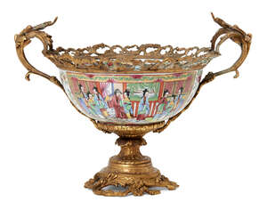 A Chinese Canton gilt metal mounted bowl, late 19th century, painted in famille rose enamels...