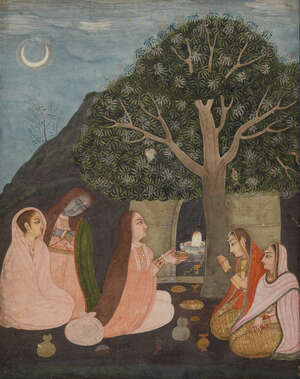 
	
		Ladies worshipping, Rajasthan, India, circa 1780, opaque pigments on paper heightened...