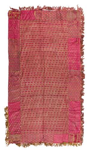 A Mughal gilt metal thread embroidered fuchsia silk panel, India, early 19th century, of rectangular form, with a central rectangular panel, and smaller panels