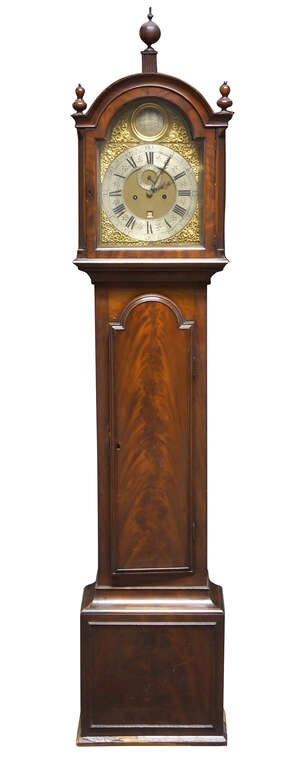 
	
		A longcase clock by Charles Clay, 18th century, the hood with turned ball and gourd form...
