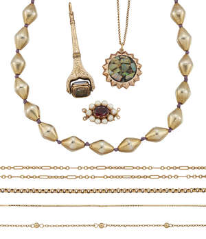 
	
		A group of jewellery, comprising: a 9ct gold, seed pearl and garnet clasp, Birmingham...