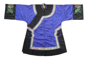 
	
		A Chinese purple silk and embroidered half length robe, early 20th century, with...