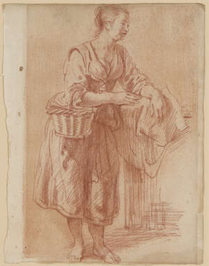 Follower of Adriaen van de Velde, 
		Dutch 1636-1672- 
		 
		Study of woman with basket and laundry; 
		 
		red chalk on laid paper, 19.5x15cm. 
		 
