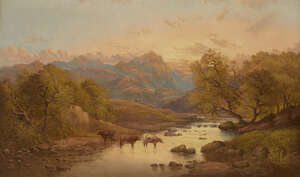 
	
		Eugene Leslie Smythe, 
		British 1857-1932- 
		 
		Cows watering in a highland loch;...