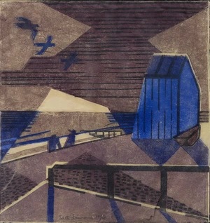 Edith Lawrence,&nbsp;British 1890-1973,&nbsp;Beach Hut with Seagulls, 1930;&nbsp;linocut in colours on thin paper,&nbsp;