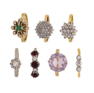 
	
		A group of seven gem-set rings, including a diamond single-stone ring, British hallmarks...