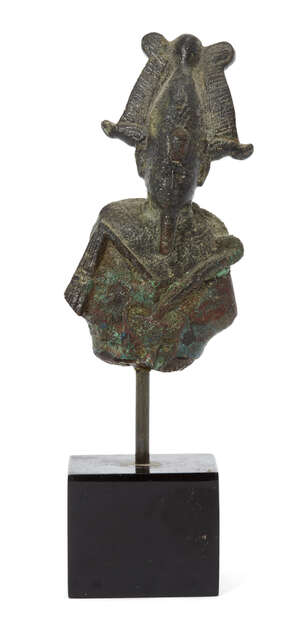 
	
		An Egyptian bronze fragmentary figure of Osiris 
		Late Period, circa 664-525 B.C
		
