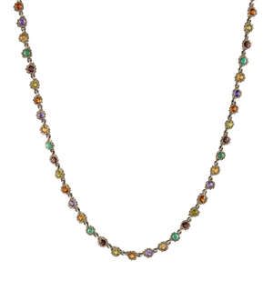 An early 20th century silver, multi-gem necklace, designed as a series of stylised leaf design panels each set with a coloured gemstone including citrine, amat