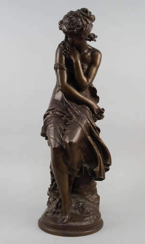 
	
		After Mattieu Moreau, a bronze resin model of a girl, seated on a rocky outcrop, signed...
