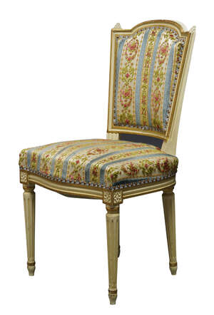 
	
		A French Louis XVI style white painted salon chair, 20th Century, upholstered with...