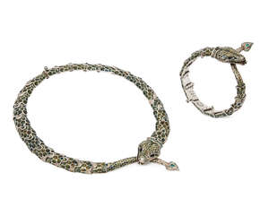 
	
		Margot de Taxco, an articulated enamelled snake necklace and bracelet 
		Mid-20th...