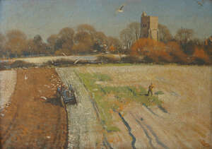 Laurence Irving, 
		British 1897-1988-
		 
		Church of St. John the Baptist Wittersham, Kent;  
		 
		oil on board, signed with monogram, possibly dated