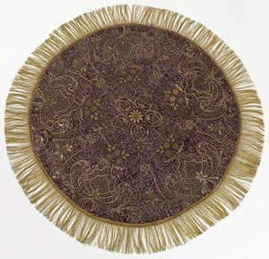 
	
		An Ottoman gilt-metal thread embroidered circular velvet panel, Turkey, 19th century, 