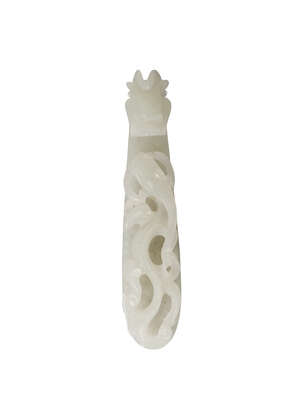 
	
		A Chinese pale green jade belt hook, Qing dynasty, late 19th century, carved with a...