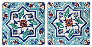 
	
		A pair of Iznik pottery tiles, Ottoman Turkey, mid-17th century, of square form, the...