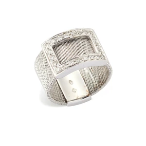 A diamond set ring, composed of an open rectangular plaque, set with brilliant-cut diamonds, the...