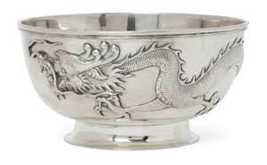 
	
		A Chinese silver rose bowl, Zee Wo, decorated in relief to the exterior with a dragon,...
