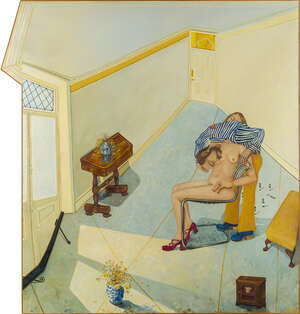 
	
		Anthony Green RA, 
		British b.1939- 
		 
		The Kiss, 1972; 
		 
		oil on board,...